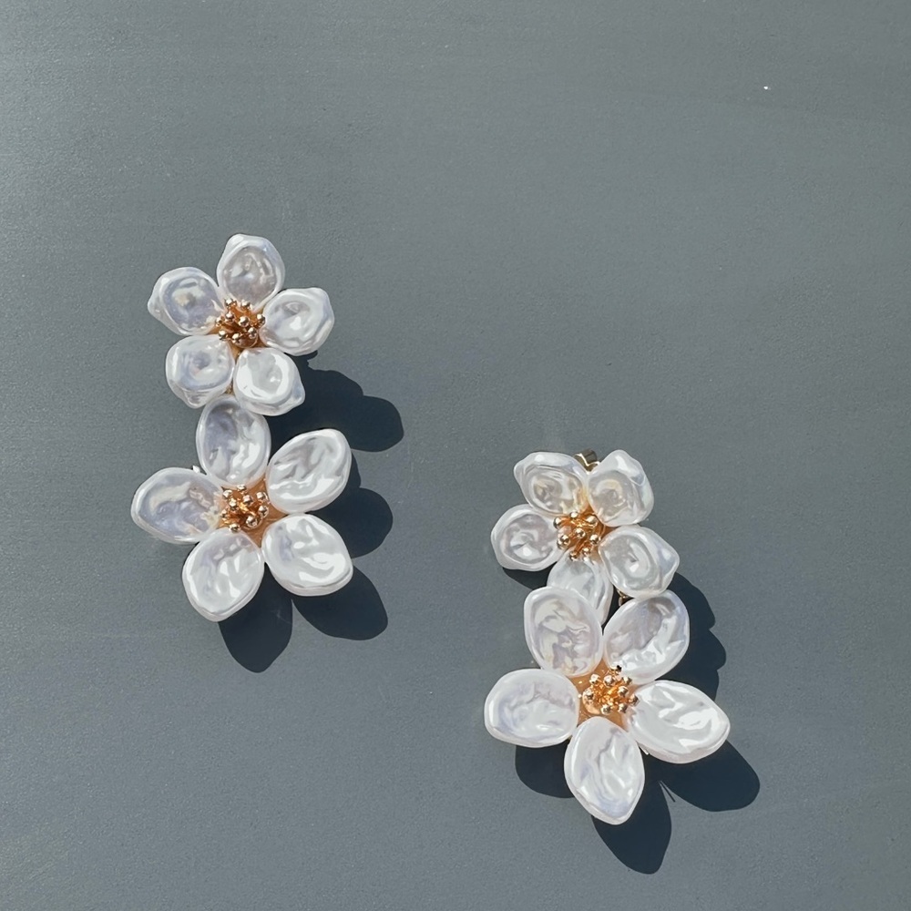Pearlescent White Floral Cluster Earrings with Gold Accents - Picture 3 of 3